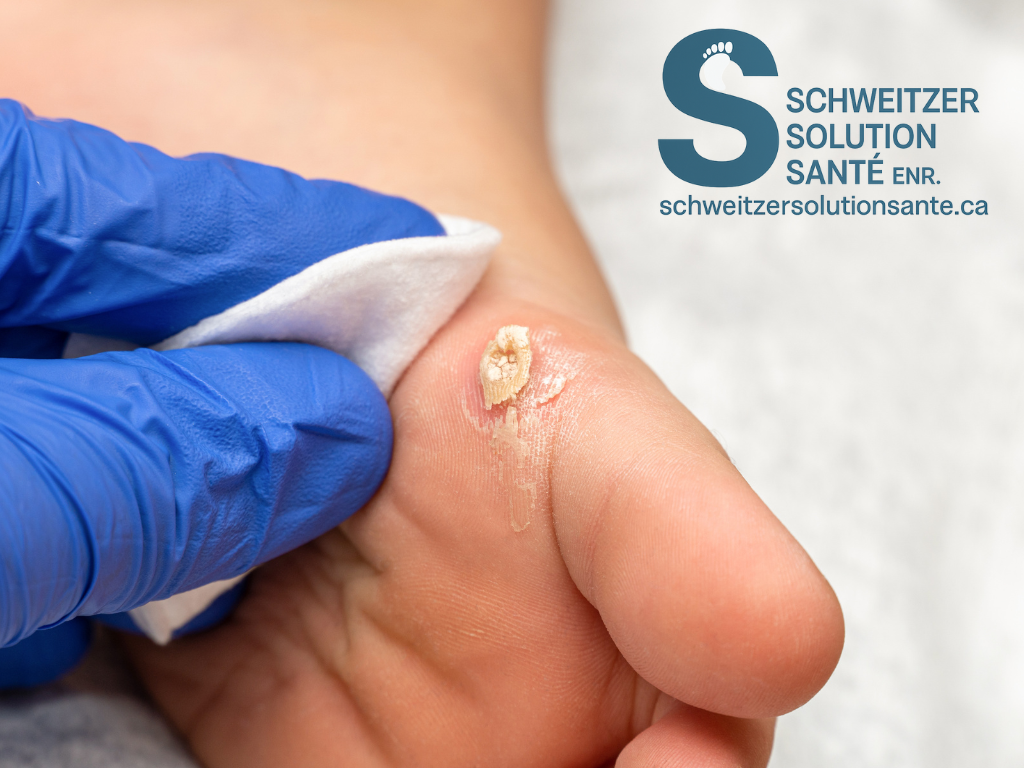 Infirmier effectuant un soin de pied à domicile à Montréal – traitement de cors et callosités